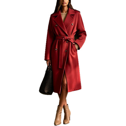 Double-breasted belted mid-length wool coat in classic tailored design