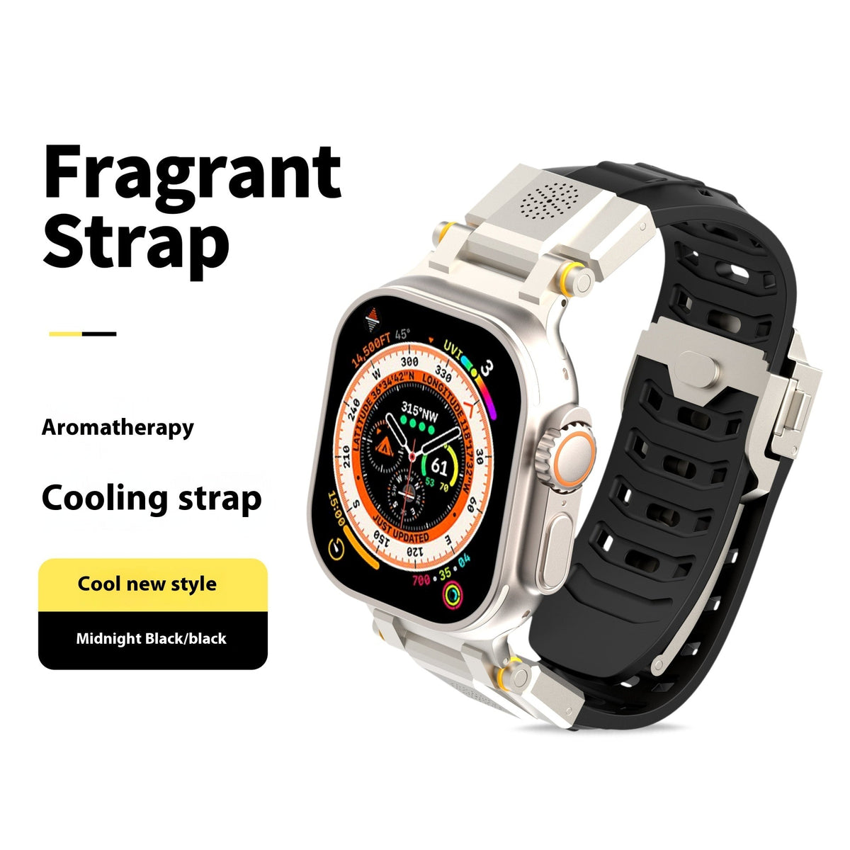 Metal aromatherapy watch band with decorative design, close-up product image