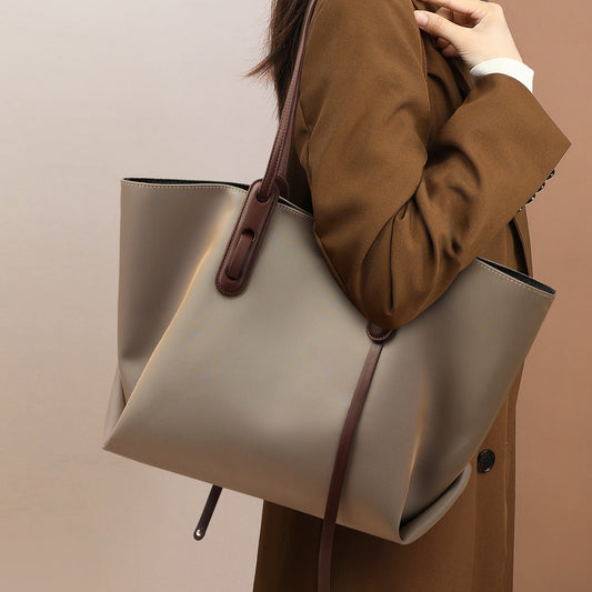 Women's high-end canvas tote bag with large capacity and shoulder strap, beige with black handles