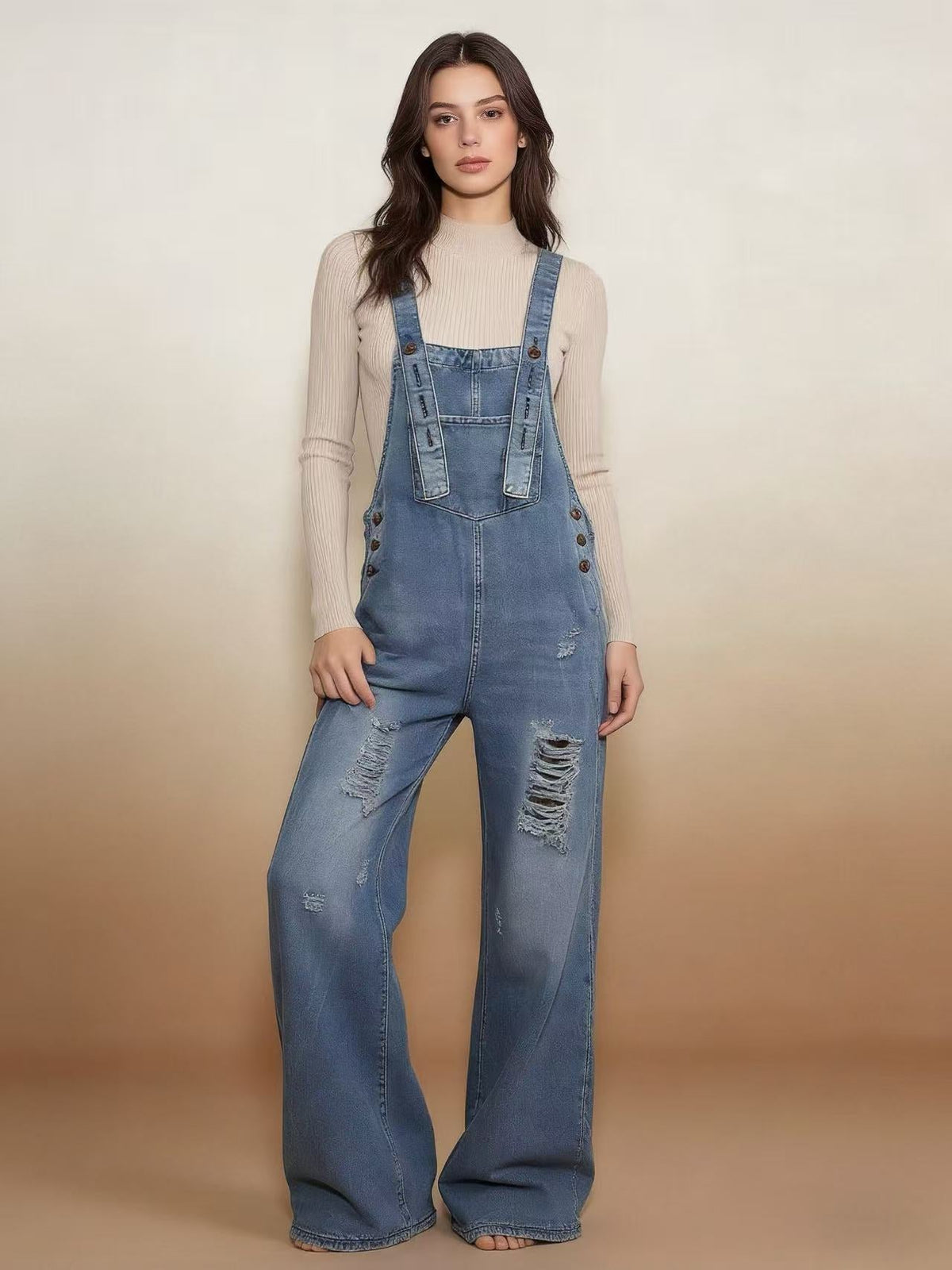 Women's retro loose-fit wide-leg denim overalls by My Store against a plain background