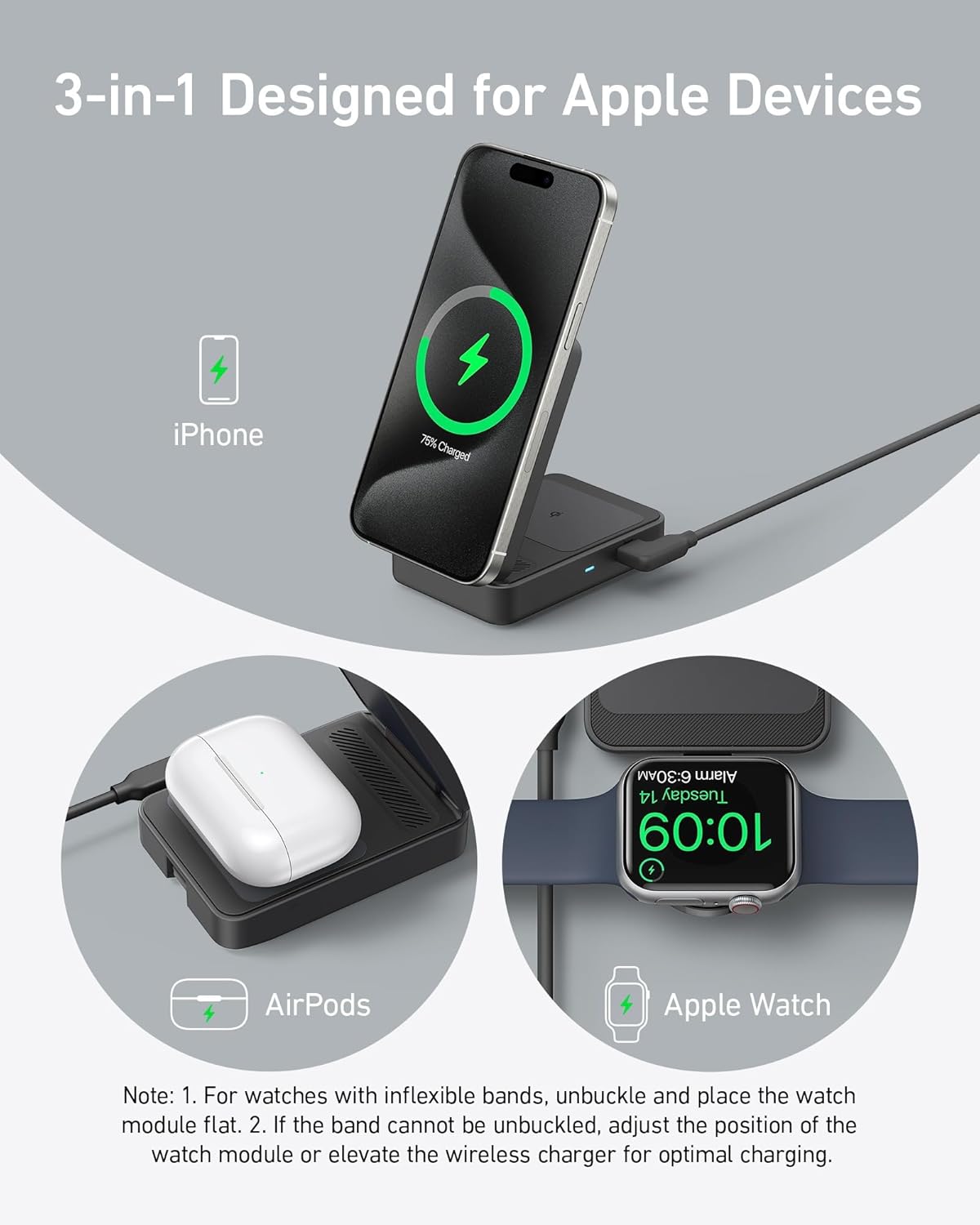 Anker MagGo foldable 3-in-1 wireless charging station with multiple charging pads and a sleek black finish.