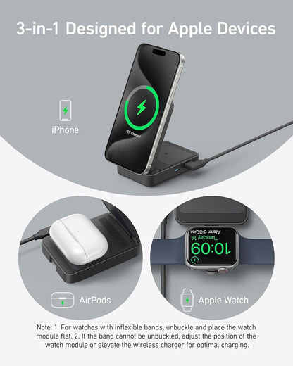 Anker MagGo foldable 3-in-1 wireless charging station with multiple charging pads and a sleek black finish.