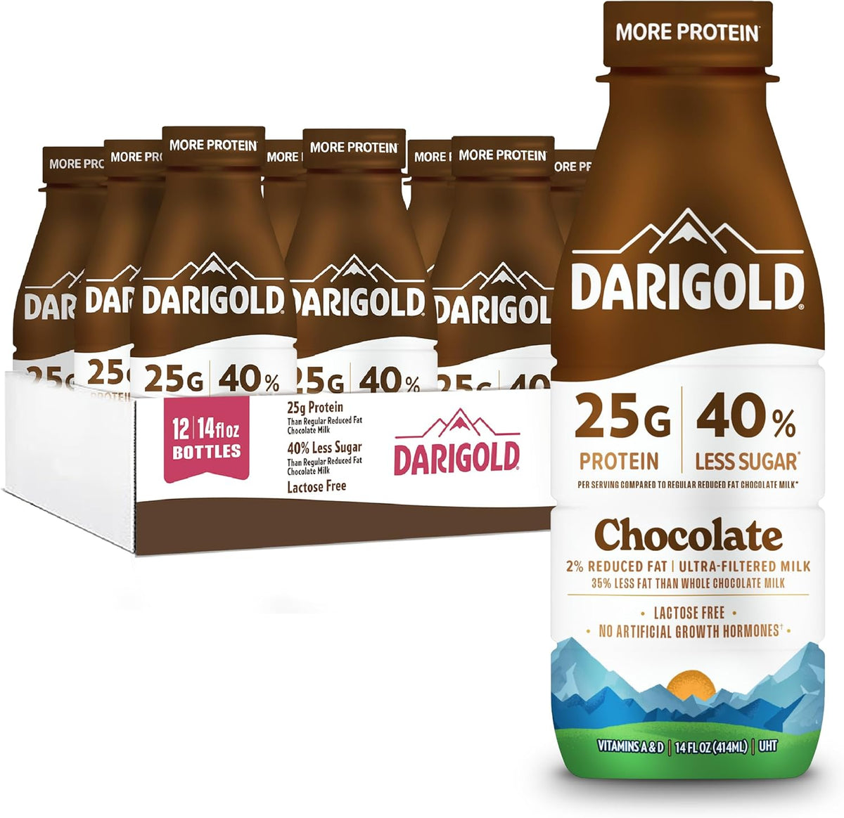 Darigold FIT high protein shelf stable chocolate milk in a 14oz bottle, shown in a 12-pack, ready for convenient, nutritious drinking.