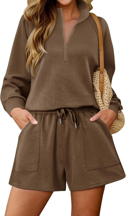 KISSMODA women's lounge set with matching sweatshirt and shorts, comfortable casual outfit for relaxing or casual wear