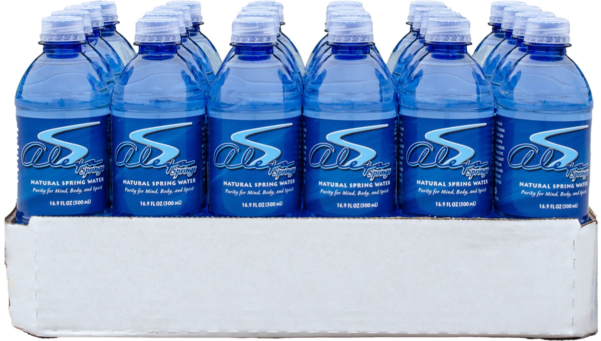 Bottled spring water from BACKUPMYFILESNOW® in 500ml bottles, 24 per case, with multiple cases stacked for storage.