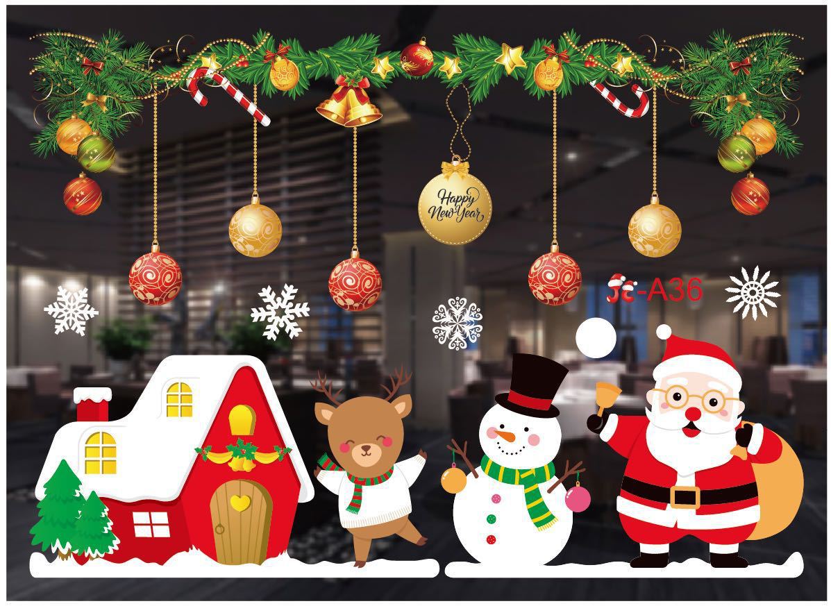 Christmas decorations store window stickers, festive holiday designs displayed on glass panes