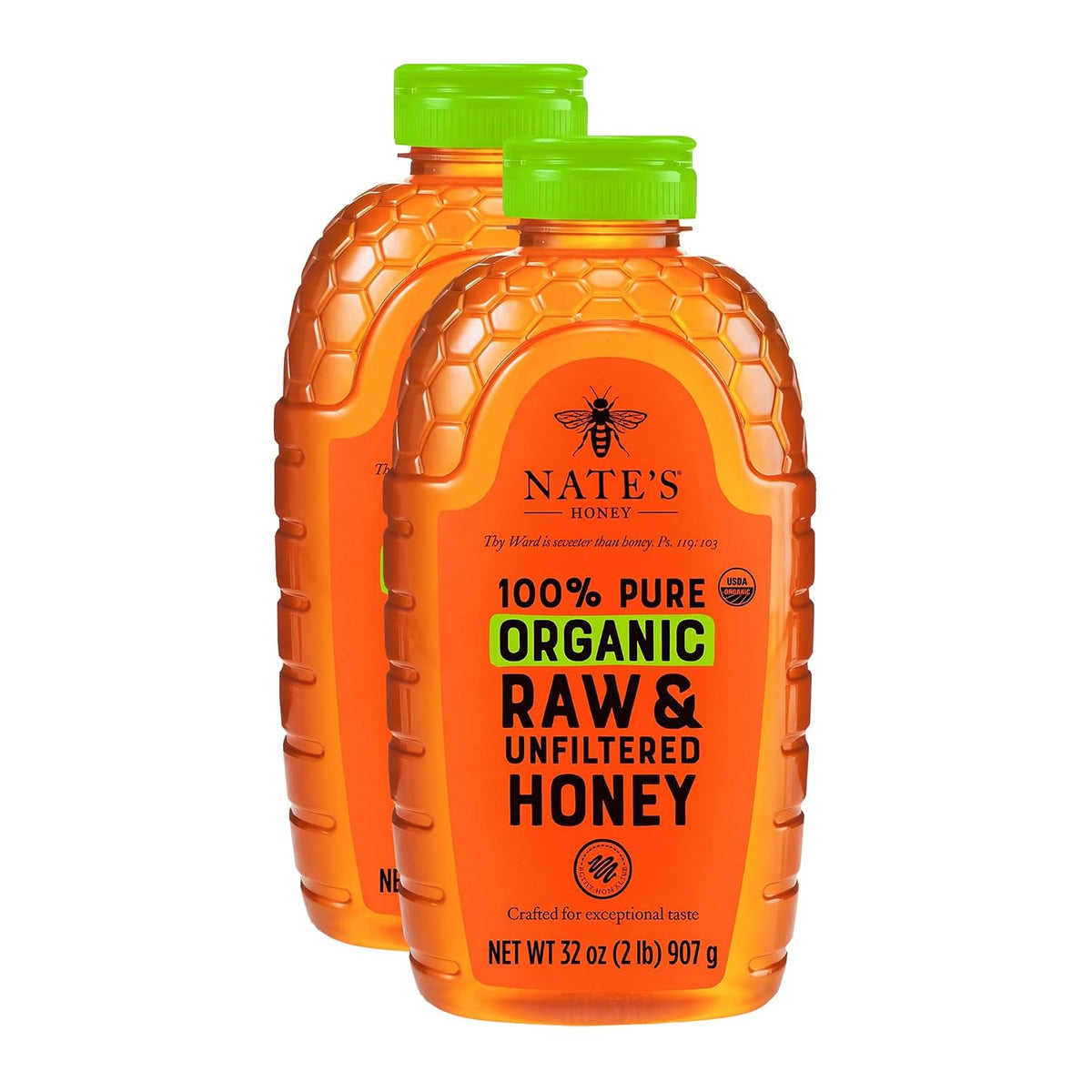 Nate's Organic Honey in a 16oz squeeze bottle, golden honey drizzling from the nozzle, natural and pure honey product.