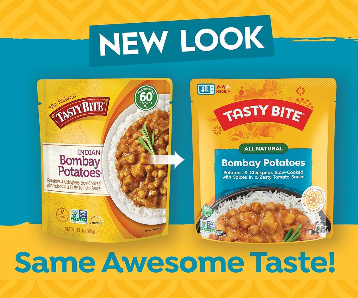 Microwaveable BACKUPMYFILESNOW® Indian Bombay Potatoes entree in a 10-ounce pack, ready to eat, shown in the image.