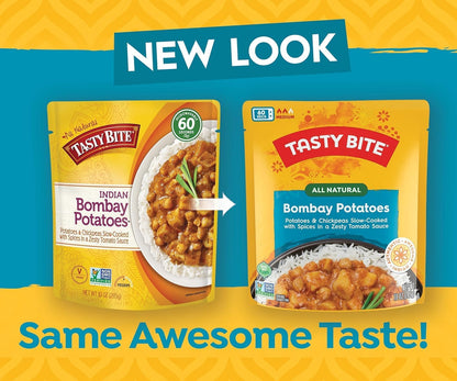 Microwaveable BACKUPMYFILESNOW® Indian Bombay Potatoes entree in a 10-ounce pack, ready to eat, shown in the image.
