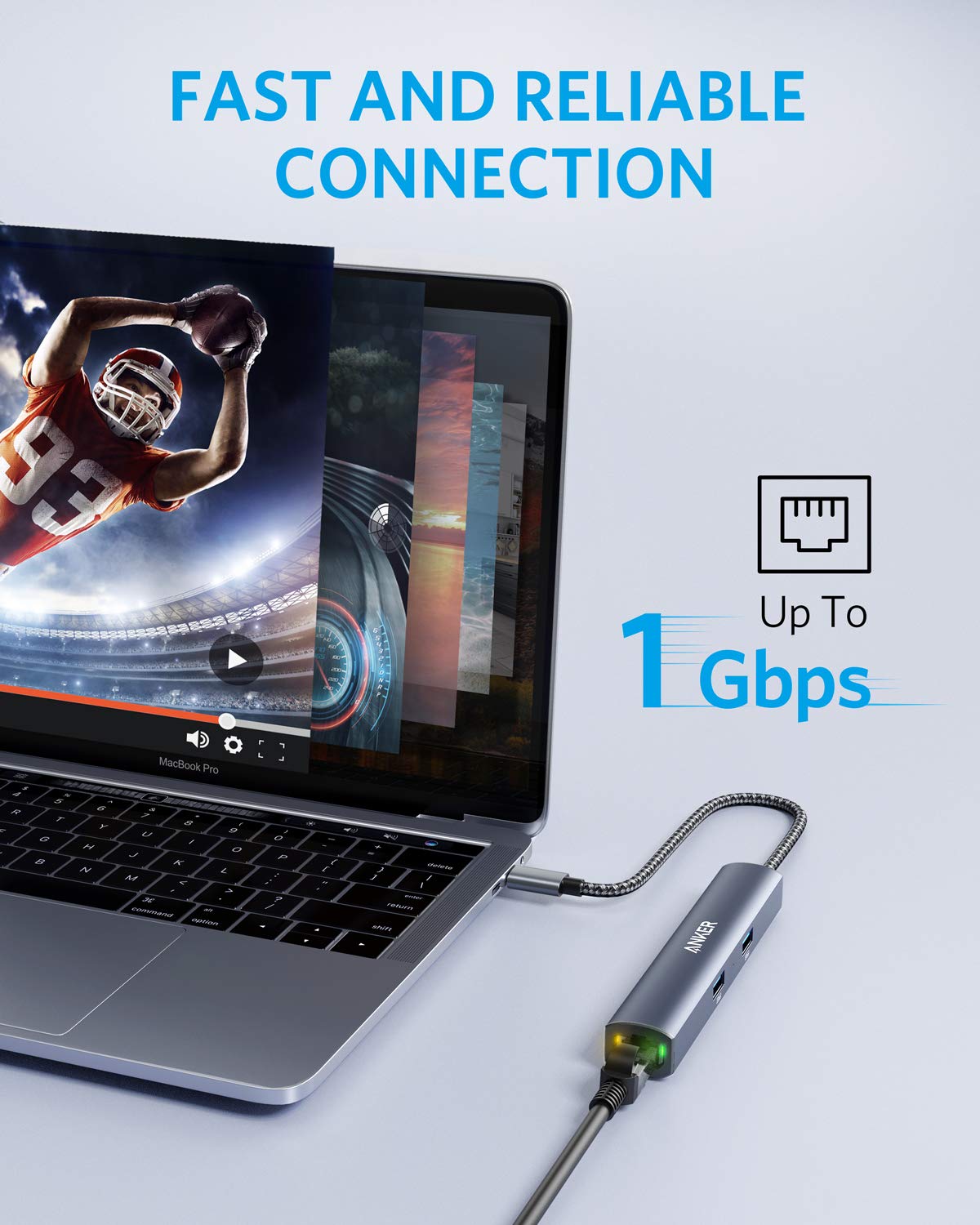 Anker 543 USB-C 6-in-1 slim hub with charging port, showing multiple USB-C and USB-A ports on a sleek device.