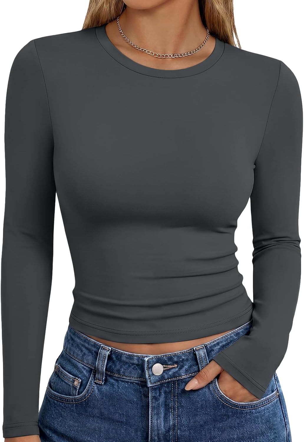 Trendy Queen women's long sleeve T-shirt with fall fashion Y2K style, basic casual top, suitable for fall season wear.