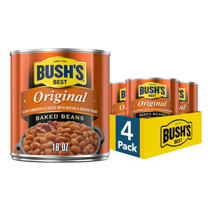 Cans of Bush's Best Maple Cured Bacon Baked Beans, 16 oz, pack of 12, featuring baked beans with bacon and maple flavor in a can