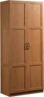 Sauder Select white storage cabinet with multiple pantry shelves, ideal for organizing snacks and kitchen essentials.