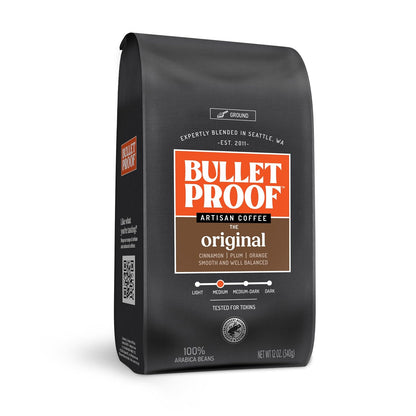 Bulletproof Original Medium Roast Ground Coffee in 12 oz packs, fresh ground coffee with rich aroma and smooth flavor.