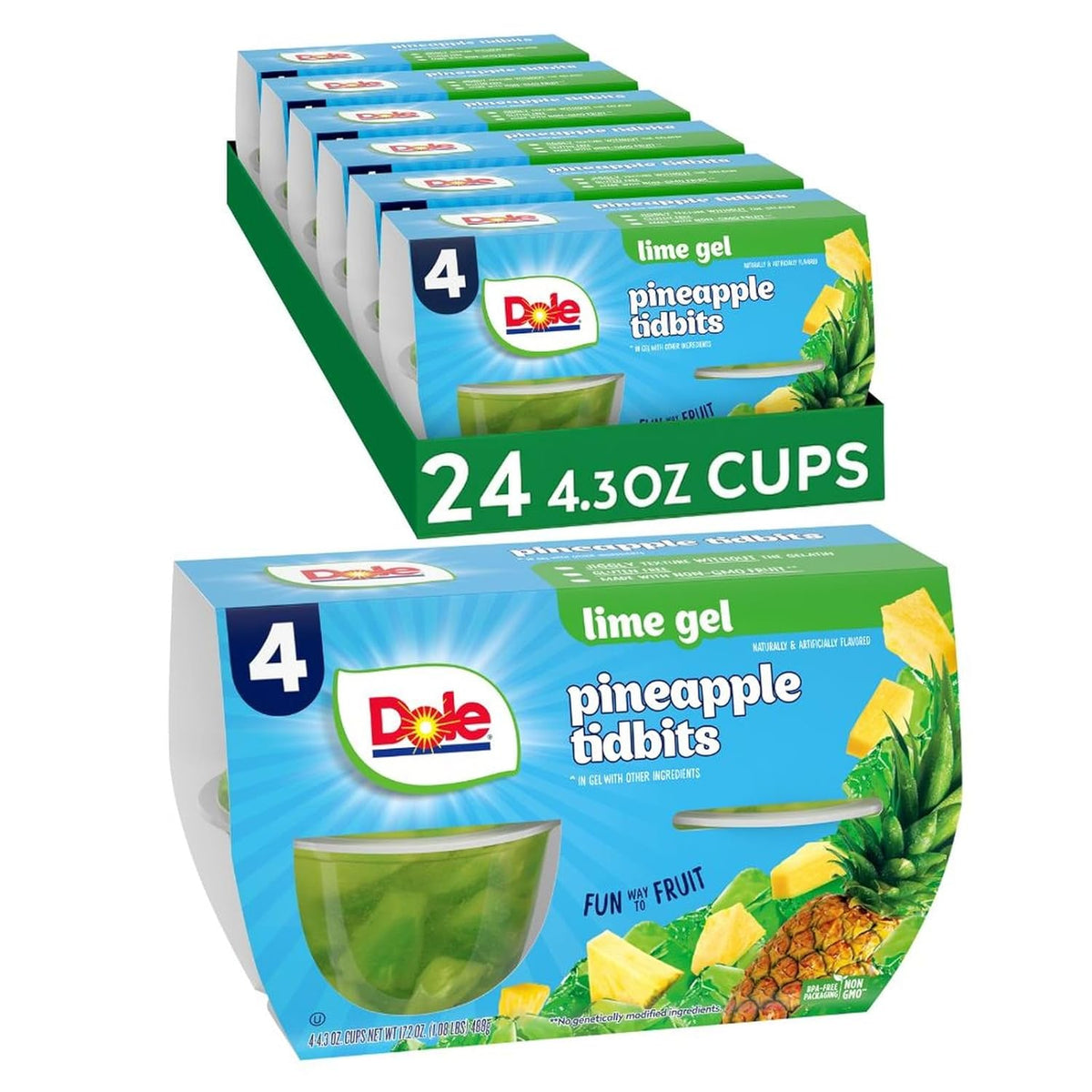 Dole Fruit Bowls Peaches, 4.3oz snack cups, showing individual peach slices in clear plastic cups with colorful lids.