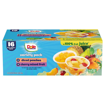 Dole diced mango fruit snack cups in 4 oz bowls, 24-pack, showing vibrant mango pieces in clear containers