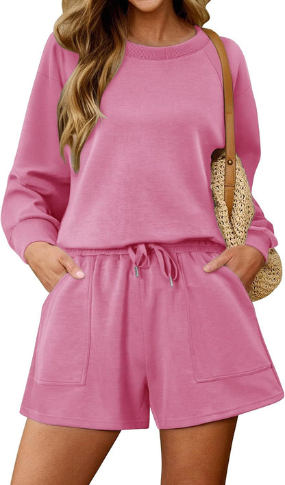 KISSMODA women's lounge set with matching sweatshirt top and shorts for comfortable casual wear.