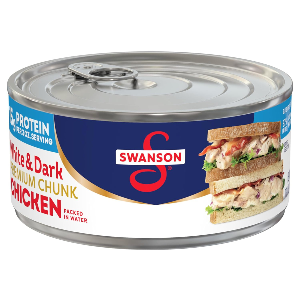 Canned Swanson White Premium Chunk Chicken in Water, 4 cans of 2.4 oz each, displayed in a row