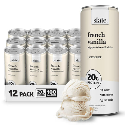 Slate Milk high protein milk shakes and iced coffees in chocolate, mocha, vanilla flavors, lactose-free, 11 fl oz cans, 12-pack