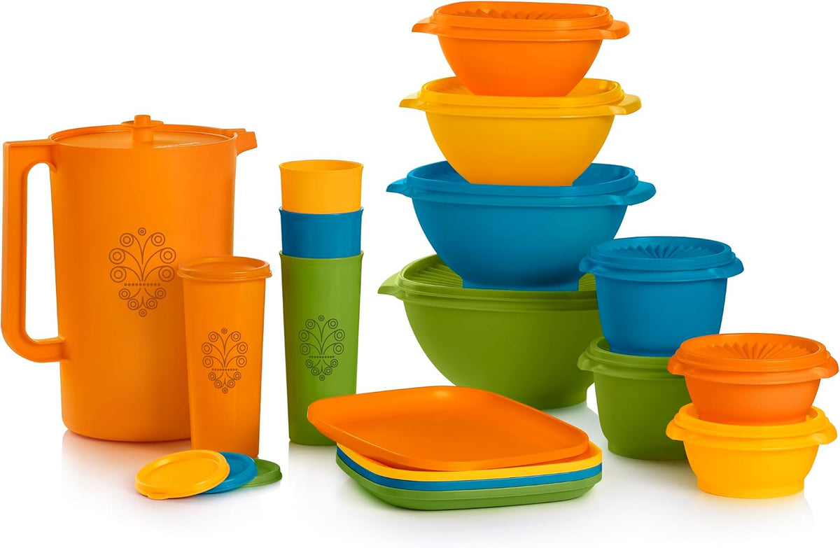 Tupperware Heritage 36-piece vintage pastel food storage containers set with 18 containers and 18 lids arranged on a surface