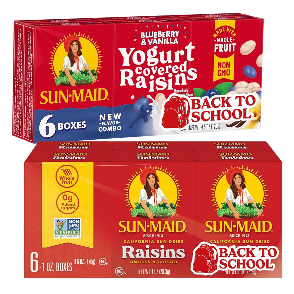Sun-Maid raisin snack pack bundle featuring blueberry vanilla yogurt and classic California sun-dried raisins in 1 oz boxes.