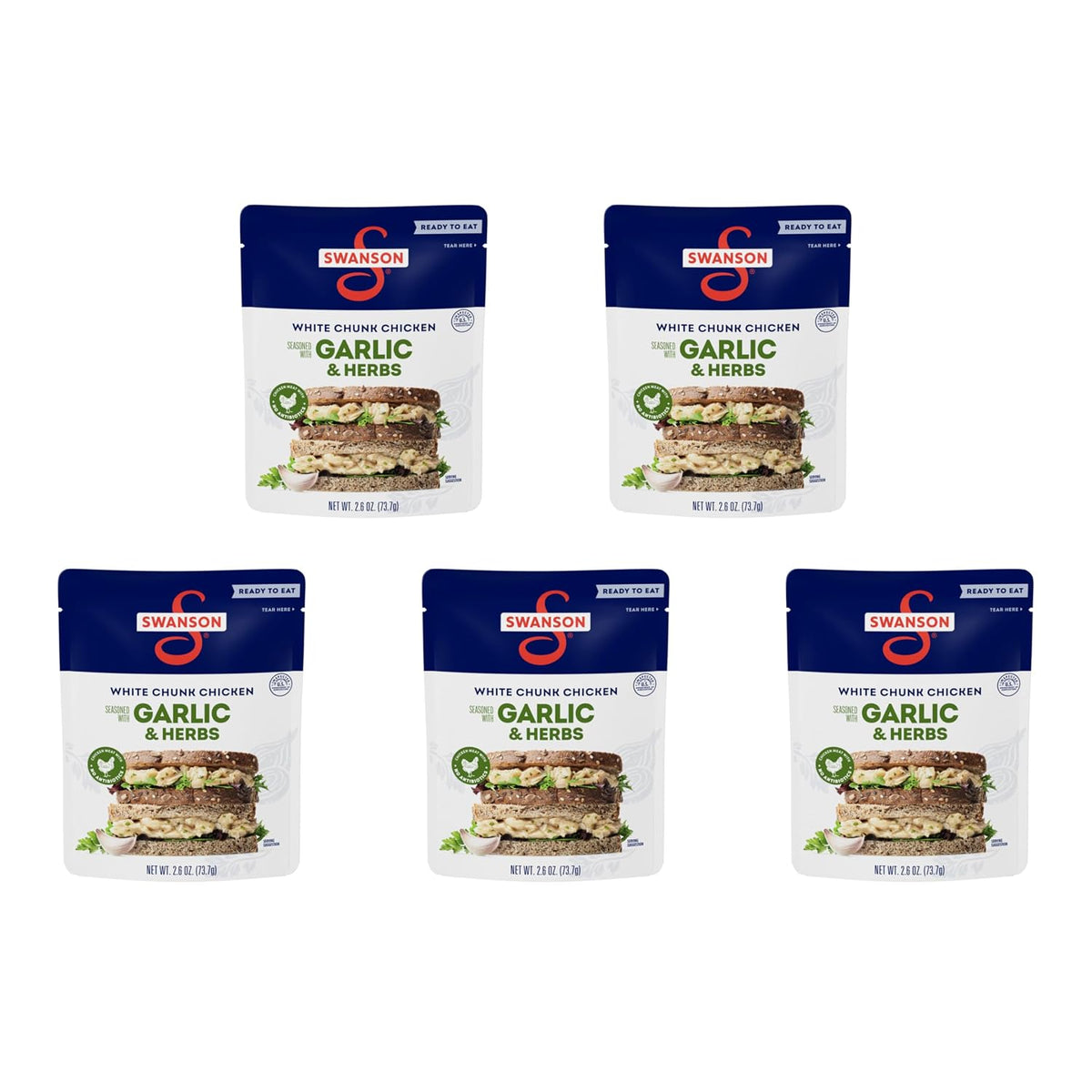 Canned Swanson White Premium Chunk Chicken in Water, 4 cans of 2.4 oz each, showing the product label and cans stacked together.