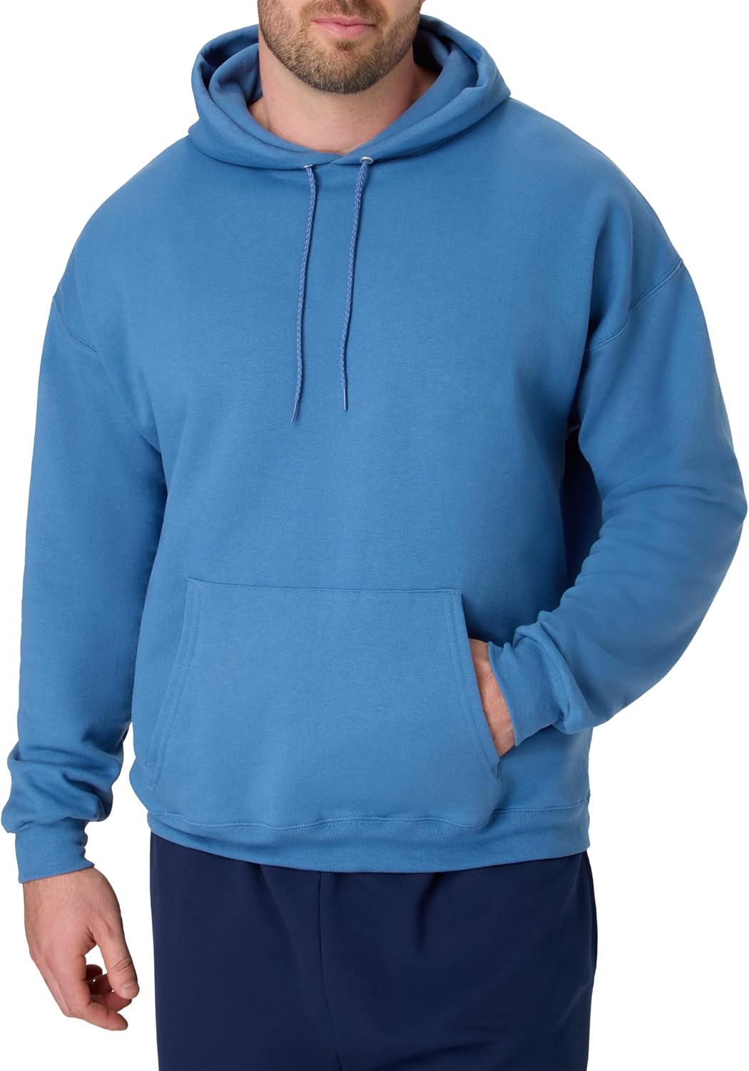 Hanes men's EcoSmart fleece hoodie with a drawstring hood and front pocket, available in big and tall sizes.