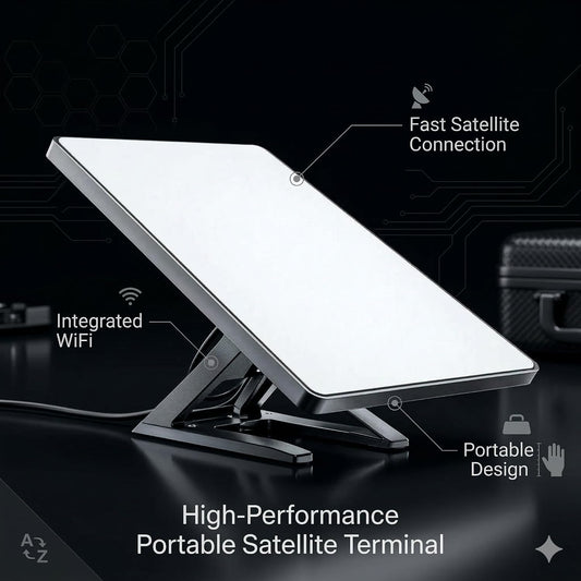 Portable satellite internet mini kit with phased array antenna and WiFi, ideal for RVs, camping, and remote off-grid locations.