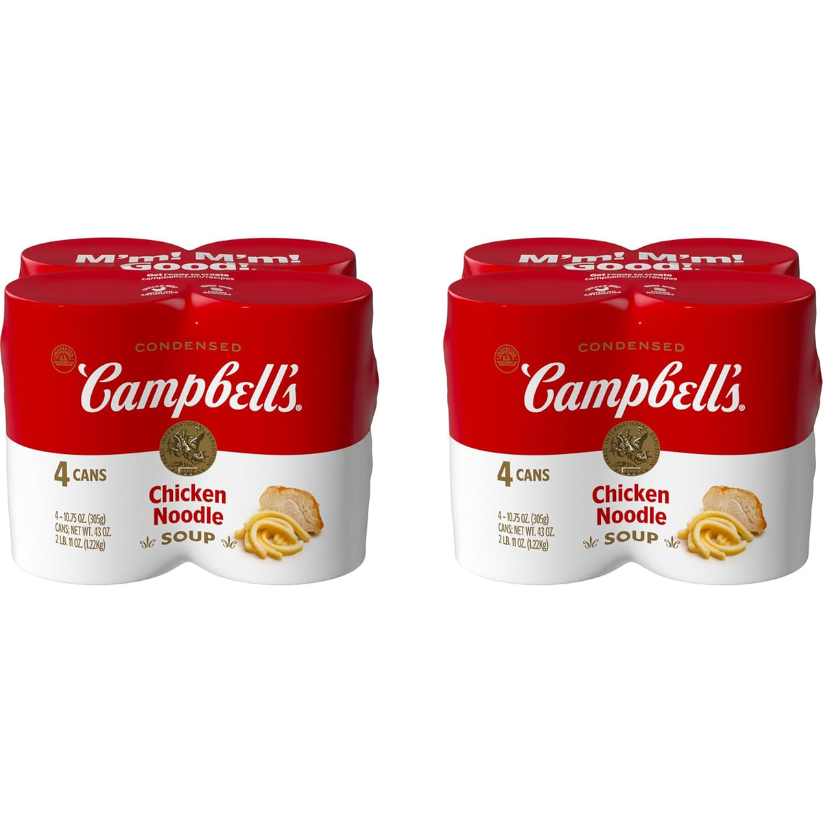 Four cans of Campbell’s condensed chicken noodle soup, 10.75 oz each, stacked with labels showing chicken noodle soup branding.