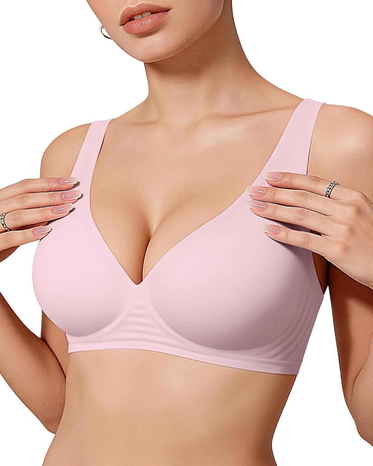OEAK women's wireless jelly bralette with deep V neckline, comfy push-up design, perfect for T-shirt wear, soft and flexible fit.