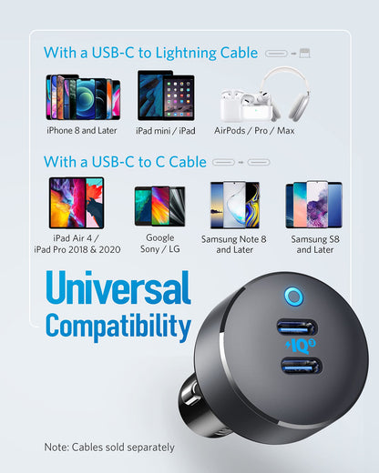 Anker PowerDrive III Duo USB-C car charger with two USB-C ports for fast device charging in a vehicle.