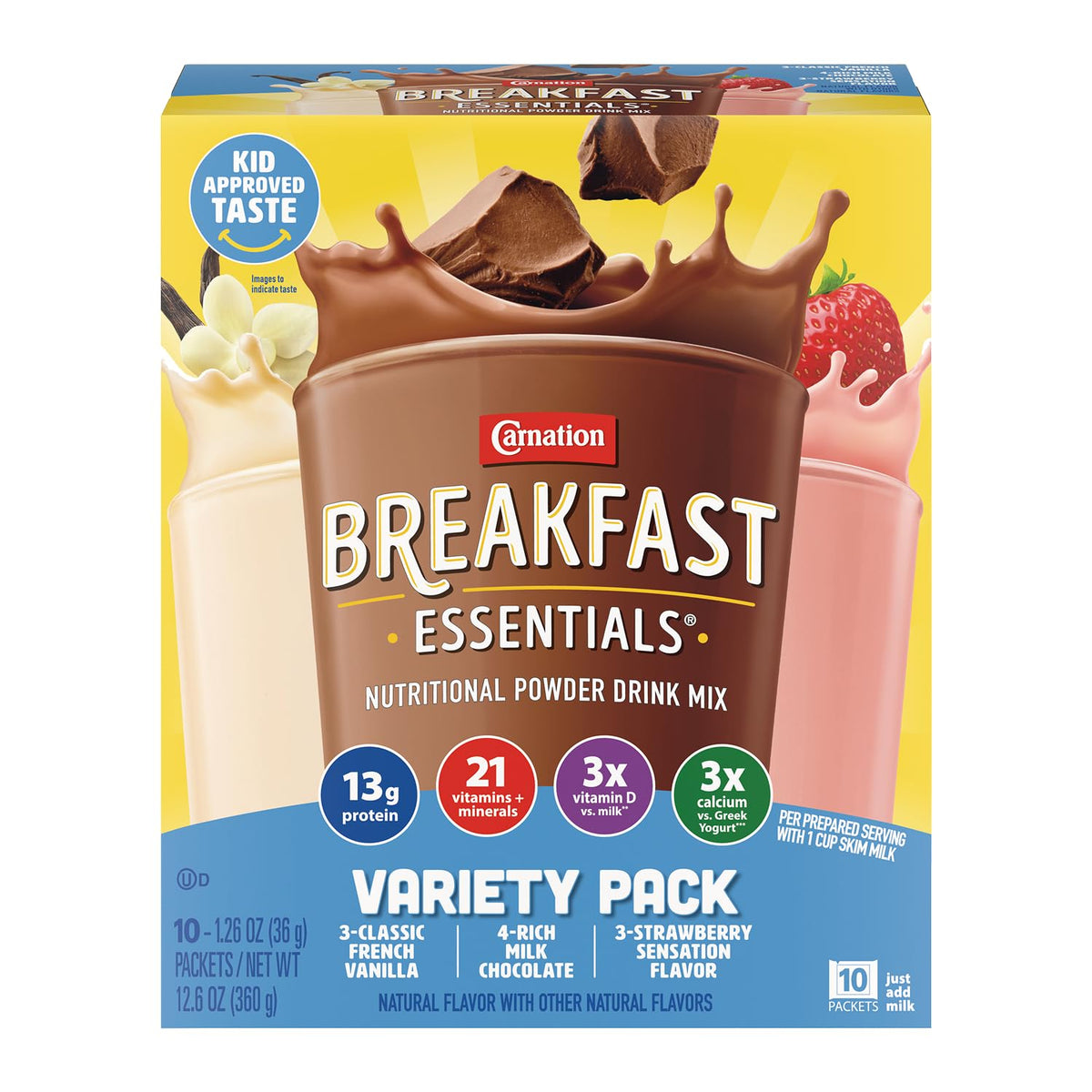 Carnation Breakfast Essentials Complete Nutritional Drink Mix in strawberry flavor, showing a glass of prepared instant breakfast drink.