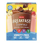 Carnation Breakfast Essentials Complete Nutritional Drink Mix in strawberry flavor, showing a glass of prepared instant breakfast drink.