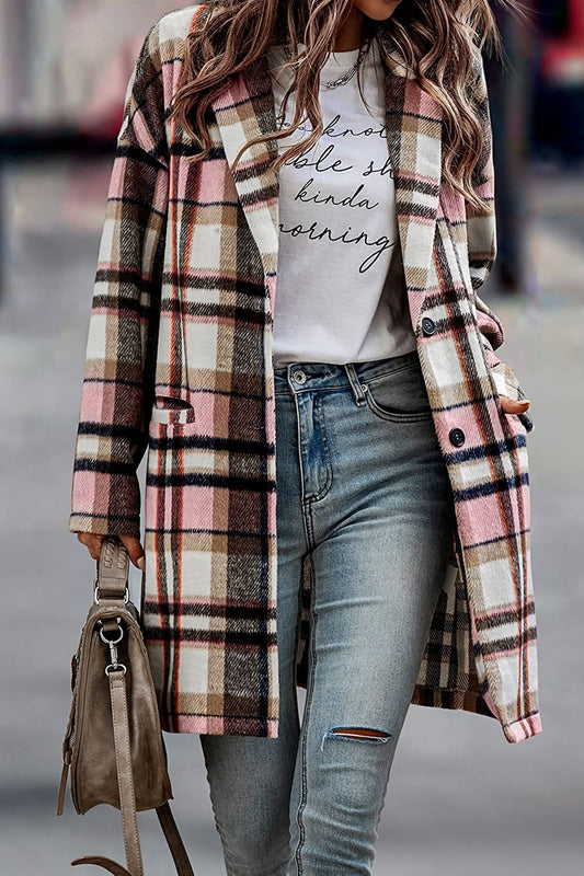 Women's plaid long woolen coat with pockets, turndown collar, and button front for autumn and winter outfits