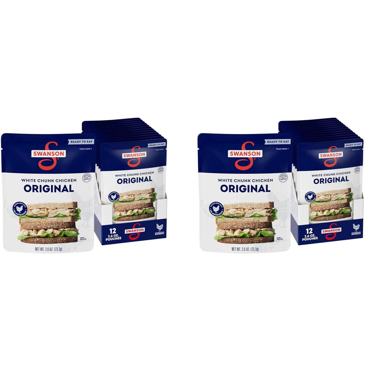Swanson White Premium Chunk Canned Chicken in Water, 4 cans of 2.4 oz each, shown in a clear image.