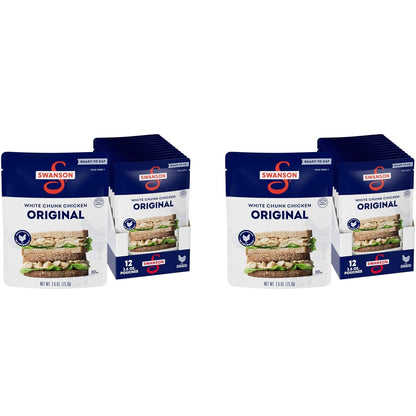 Swanson White Premium Chunk Canned Chicken in Water, 4 cans of 2.4 oz each, shown in a clear image.