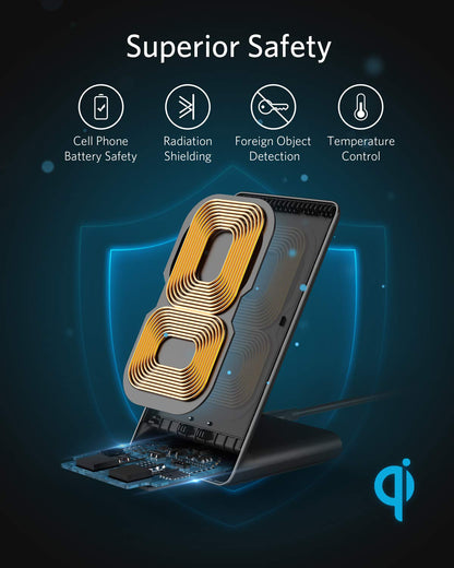 Anker 313 Wireless Charging Stand for smartphones with fast charging capability, sleek black design, and adjustable viewing angle.