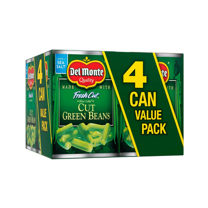 Canned green beans from Del Monte, FRESH CUT BLUE LAKE variety, 14.5 oz cans, 4-pack, showing green beans inside cans.