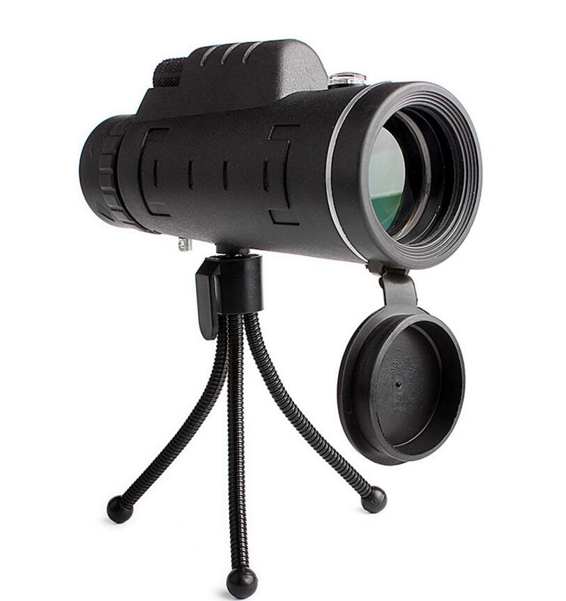 Apple-compatible monocular telescope zoom scope with compass, phone clip, and tripod