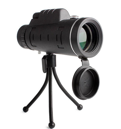 Apple-compatible monocular telescope zoom scope with compass, phone clip, and tripod