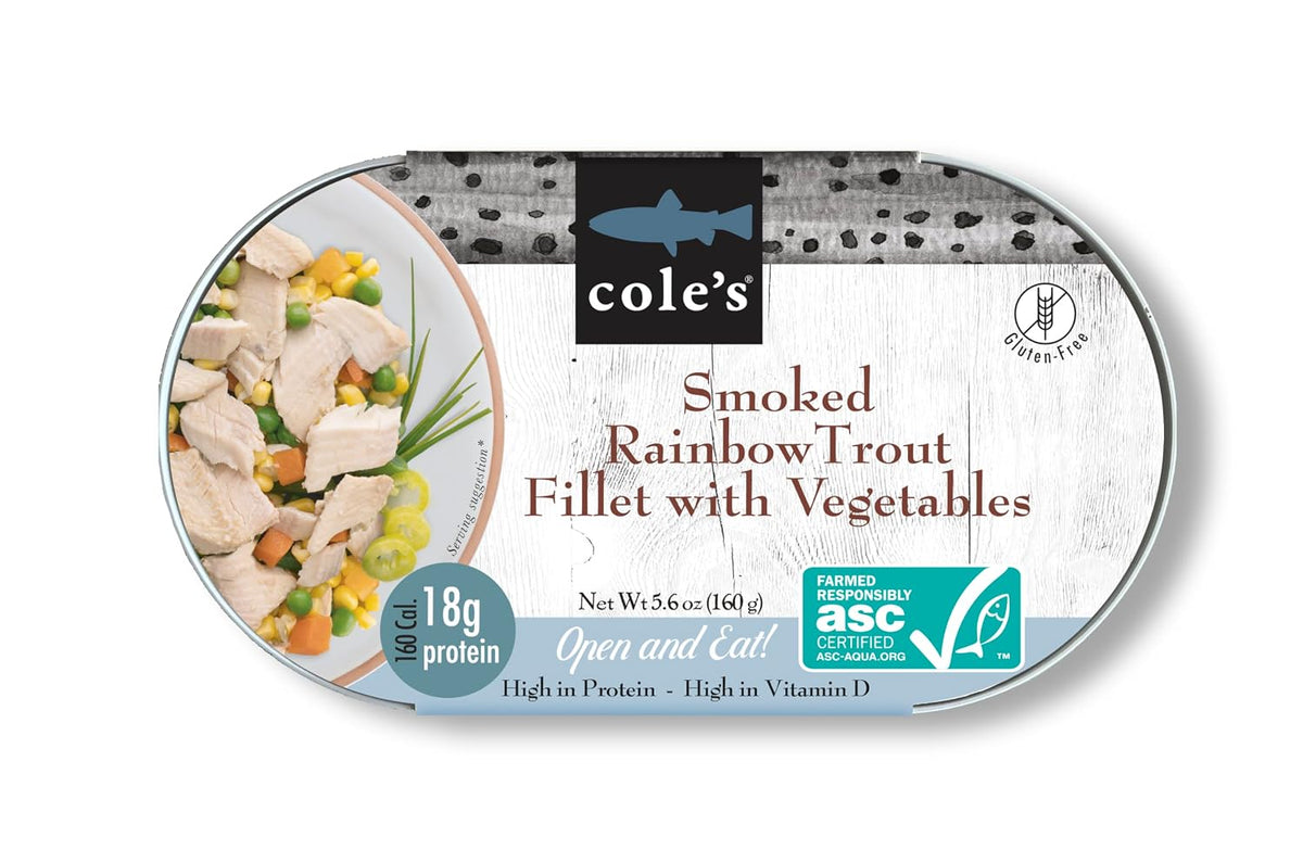 Cole’s Open & Eat Meals variety pack featuring 5.6 oz smoked salmon and trout with quinoa and vegetables in ready-to-eat cans