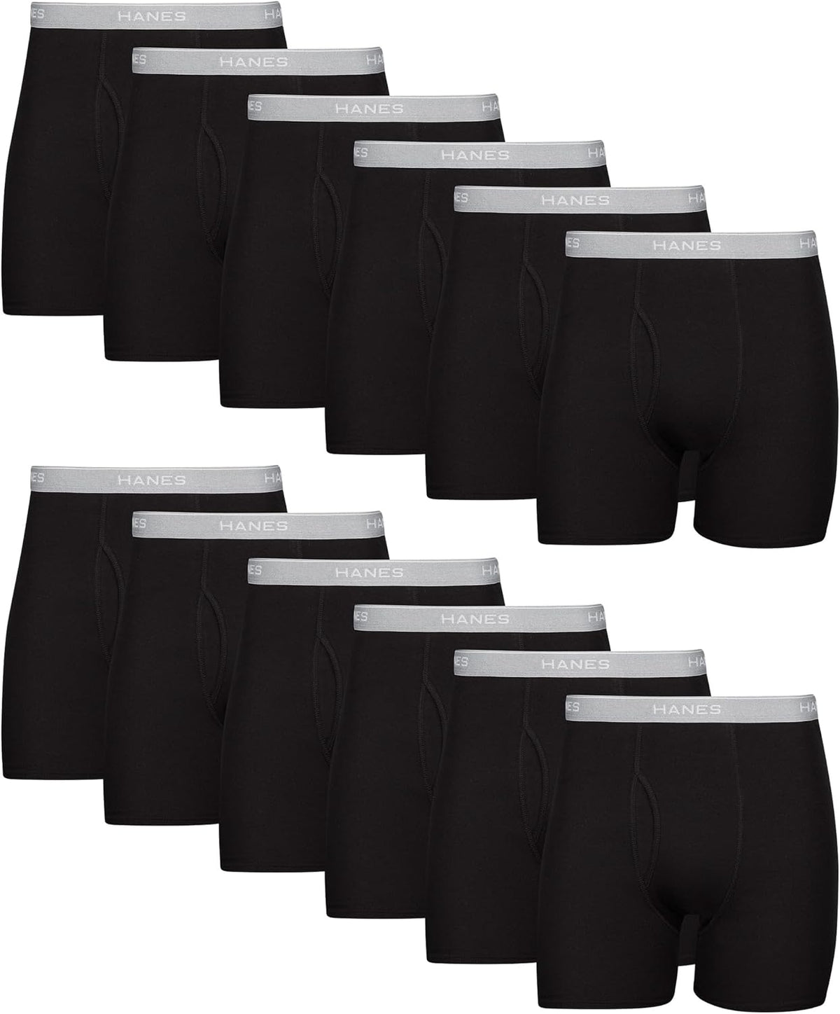 Hanes men's boxer briefs pack featuring cool, breathable cotton moisture-wicking underwear with no ride-up fit.