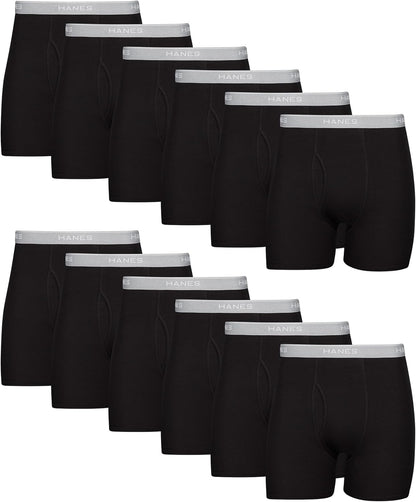 Hanes men's boxer briefs pack featuring cool, breathable cotton moisture-wicking underwear with no ride-up fit.