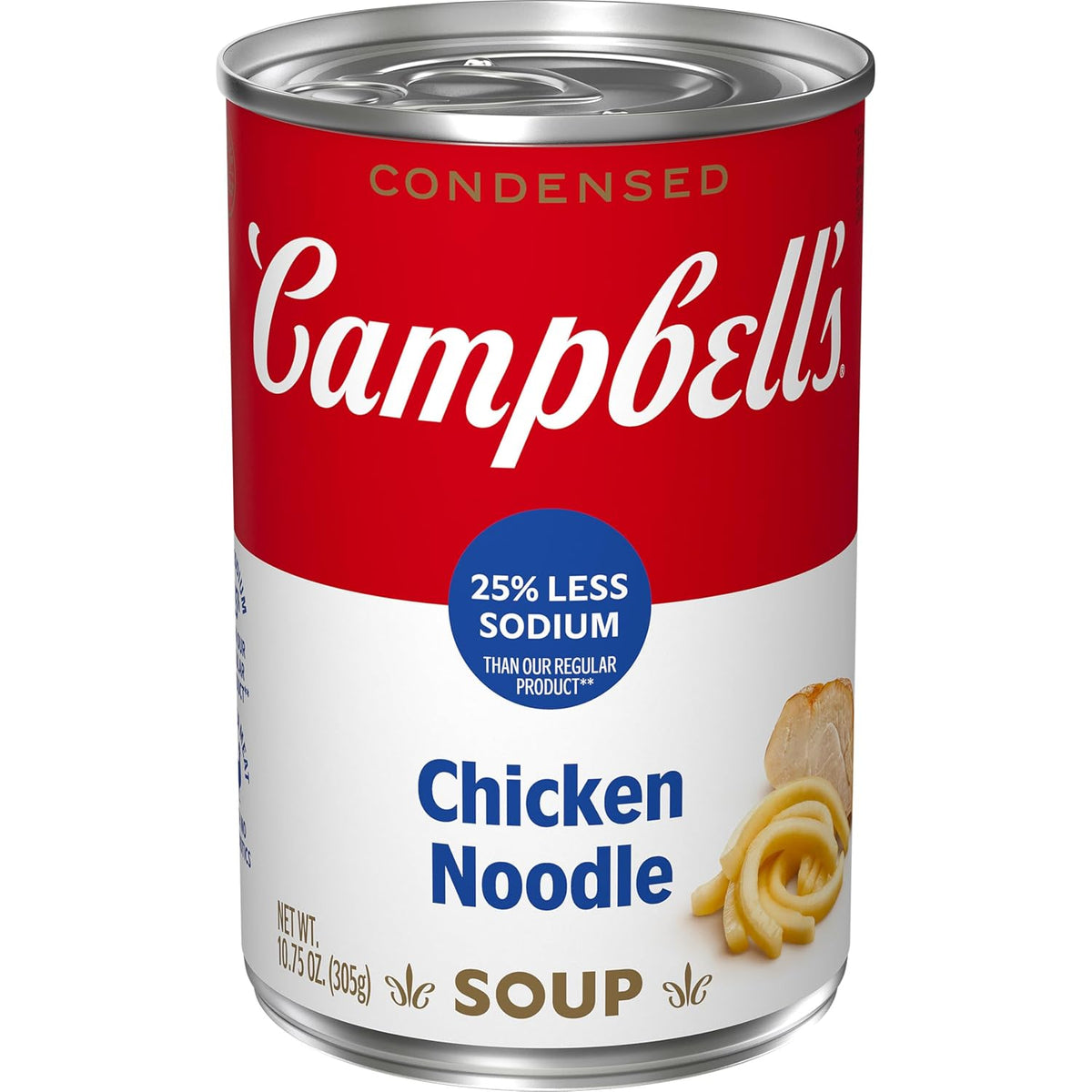 Campbell's Homestyle Chicken Noodle Soup in 10.5 oz cans, pack of 12, with soup can featuring chicken, noodles, and vegetables.