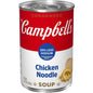 Campbell's Homestyle Chicken Noodle Soup in 10.5 oz cans, pack of 12, with soup can featuring chicken, noodles, and vegetables.
