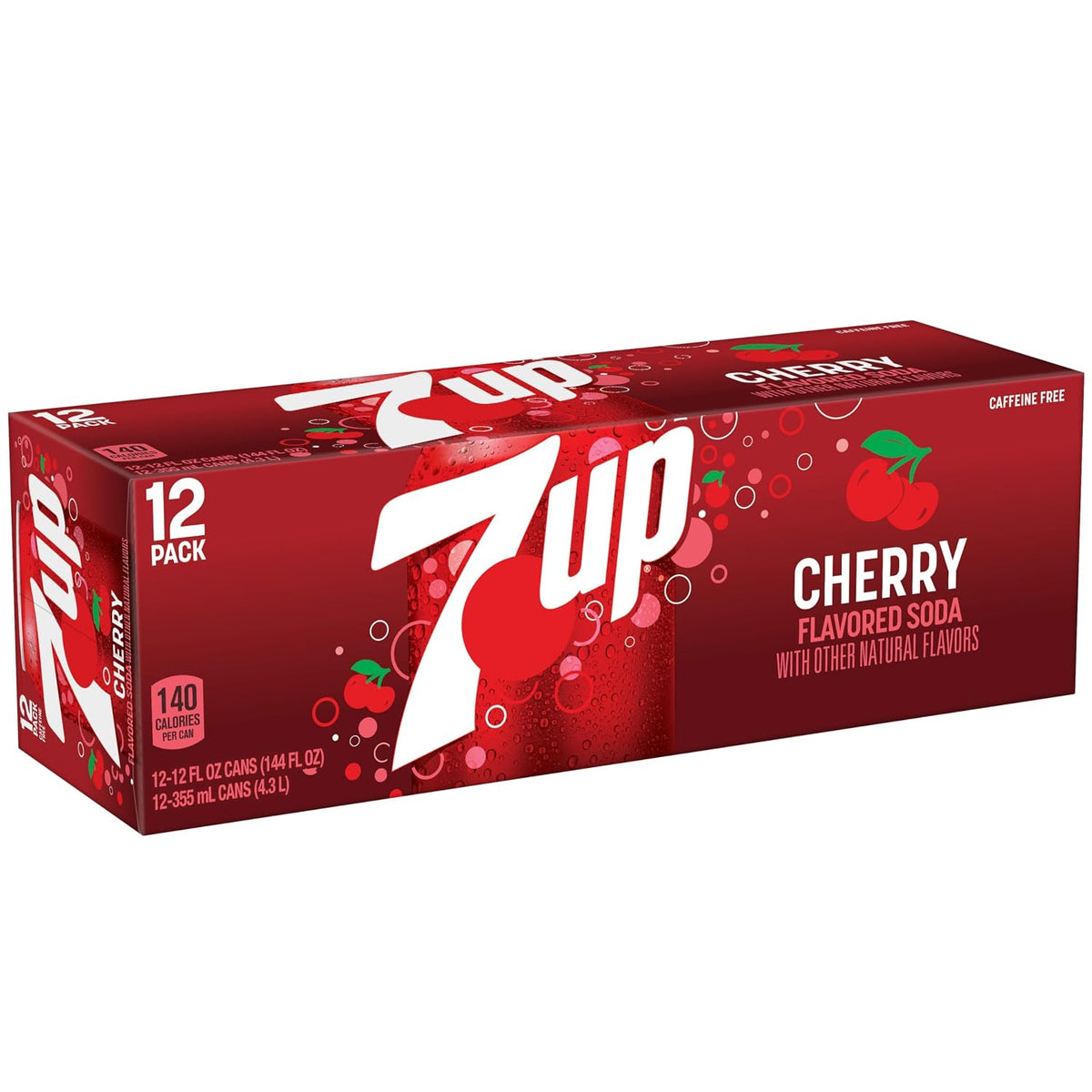 12-pack of 7UP Cherry flavored soda cans by Dr Pepper, 12 fl oz each, stacked with red cherry graphics on the cans.
