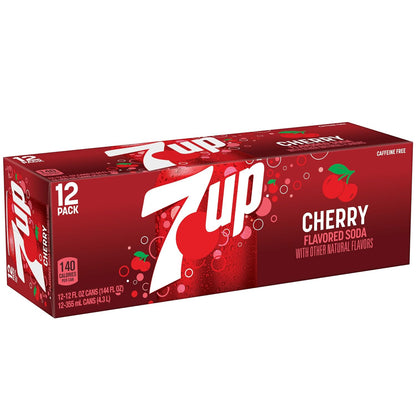 12-pack of 7UP Cherry flavored soda cans by Dr Pepper, 12 fl oz each, stacked with red cherry graphics on the cans.