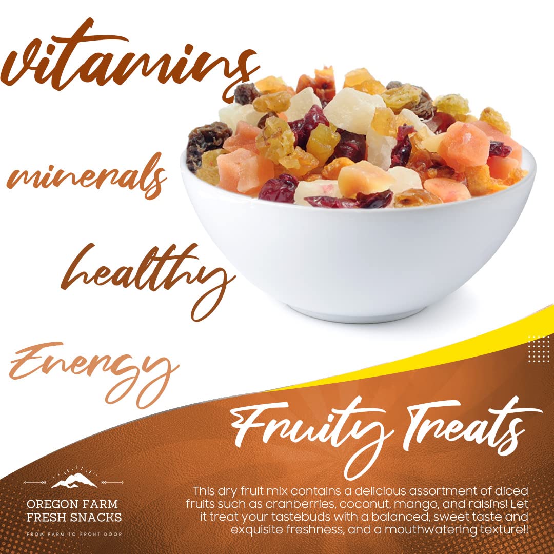 Oregon Farm Fresh Snacks dried fruit mix with cranberries, coconut, and mango in a 24 oz bag, vibrant and colorful fruit pieces visible