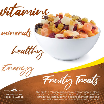 Oregon Farm Fresh Snacks dried fruit mix with cranberries, coconut, and mango in a 24 oz bag, vibrant and colorful fruit pieces visible