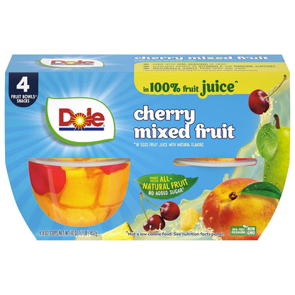 Canned Dole pineapple tidbits and tropical fruit in 4 oz bowls, 12-pack, showing vibrant pineapple and mixed tropical fruits.